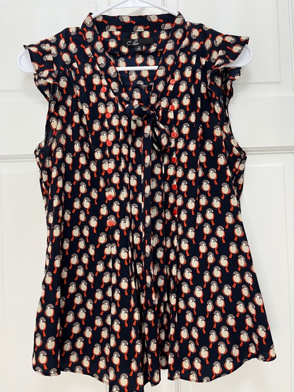 C. Luce Novelty Bird Print Blouse w/ Pleating Buttons & Bow Tie Detailing - Sz S